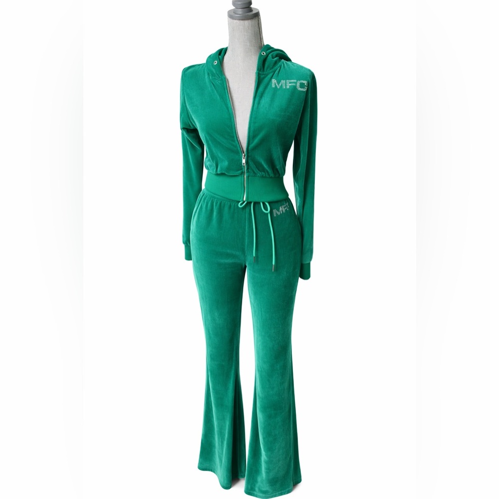 Y2K Emerald Velour Tracksuit Set Rhinestone Hoodie Flare Pants Size L